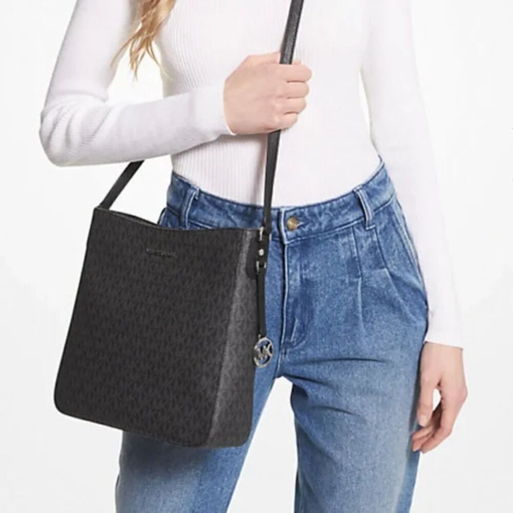 NWT MICHAEL KORS Black Monogram Leather Jet Set Travel Messenger Bag Purse